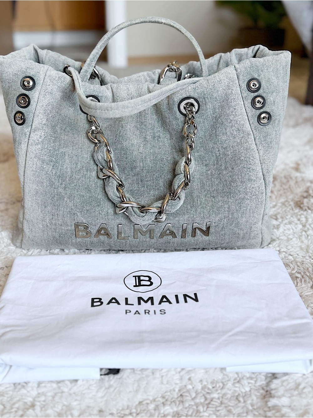 $2700 Balmain 1945 Soft cabas tote shoulder Bag in washed denim blue gray